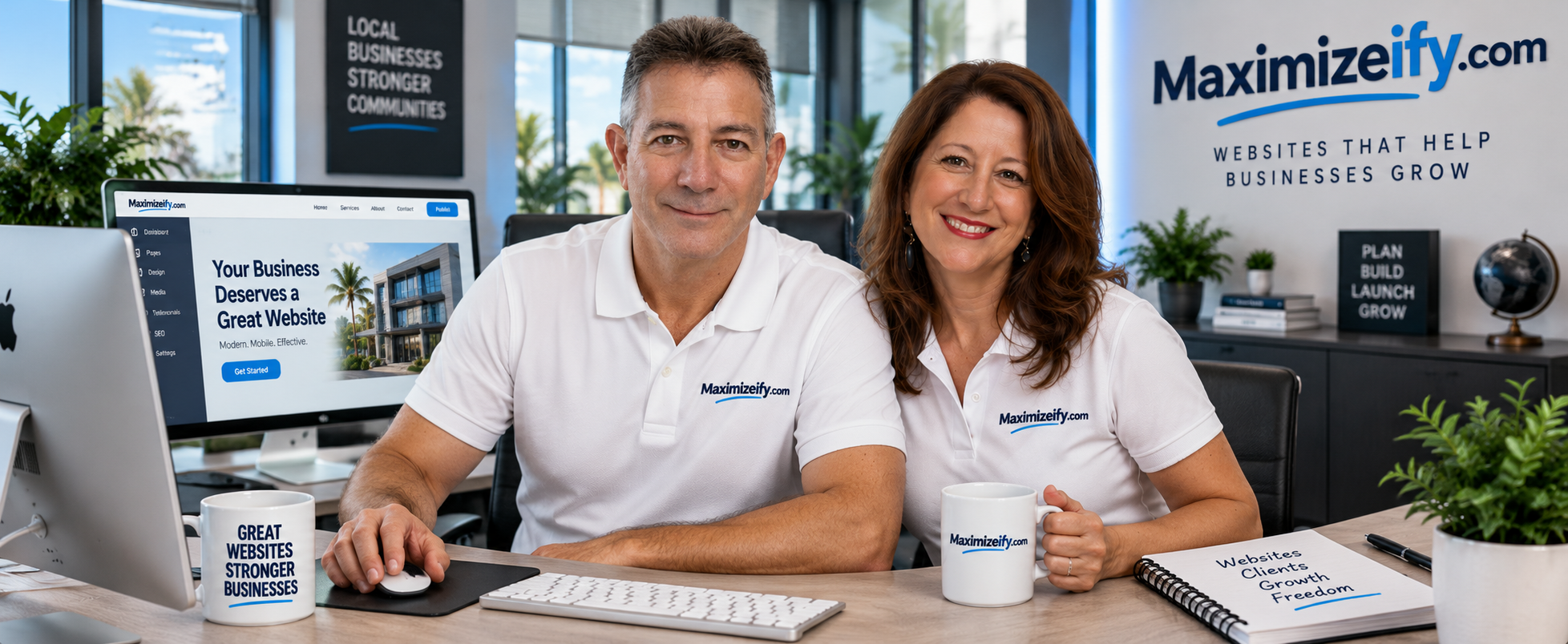 The Maximizeify team in their website studio with a website displayed on the computer